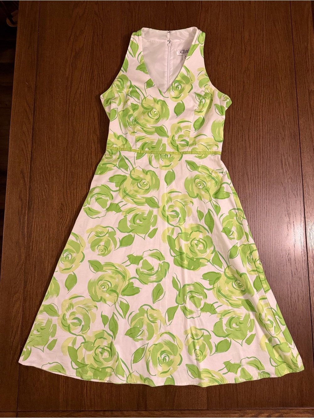 Vintage Clues Collection V-Neck White Midi Dress with Lime Green Floral Print